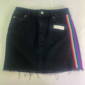 TopShop A-Line Denim Skirt Glitter Black 4 Mid-Rise Metallic Pockets Rainbow